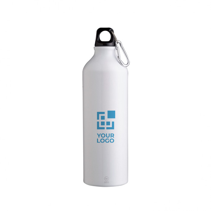 Fles van gerecycled aluminium met karabijnhaak 770 ml kleur wit met jouw bedrukking