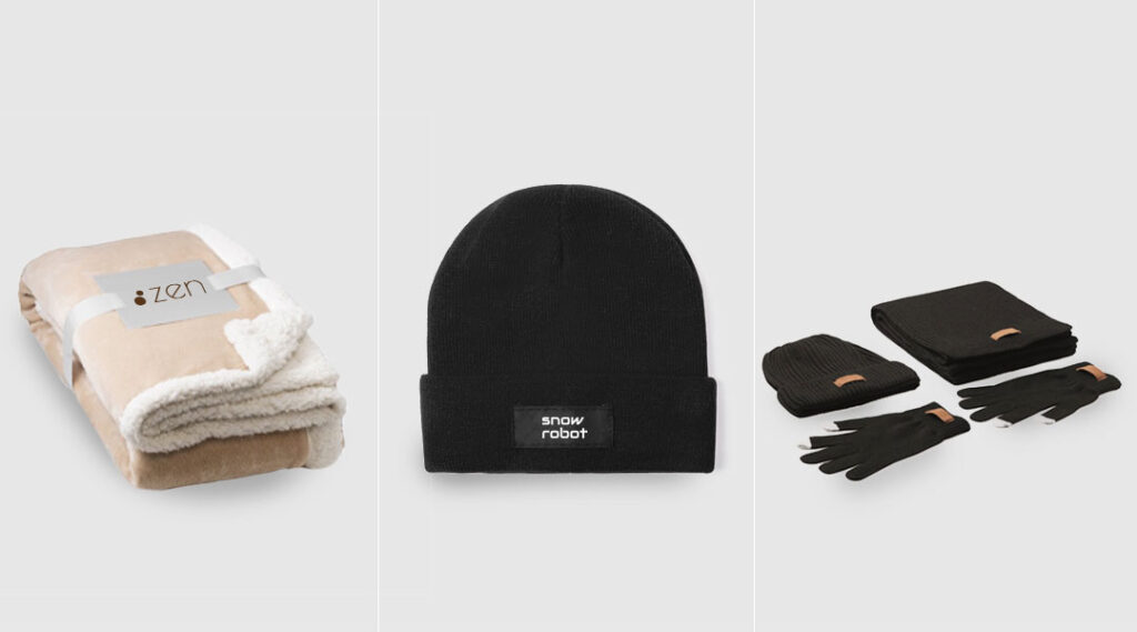 fleecedekens bedrukken, beanies en handschoenen met logo van Giftcampaign