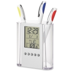 Gepersonaliseerde pen met kalender, klok en thermometer Curve kleur doorzichtig