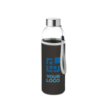 Glazen waterflessen met hoesje 500ml kleur zwart weergave met bedrukking