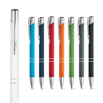 Goedkope aluminium pen met rubberen afwerking en zwarte inkt Glober diverse kleuren