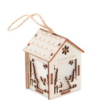 Kerstornament in de vorm van een huisje met lichtjes Lampion kleur hout weergave met bedrukking