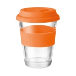 Glazen bedrukte koffiemok met deksel 350ml Takeaway Cristal kleur oranje