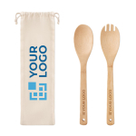 2 bamboe salade utensils met zak Bamboo kleur beige weergave met bedrukking