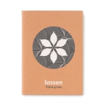 Gerecycled memoblok met logo en kartonnen kaft A6 Eco Stitched kleur beige hoofdweergave tweede weergave