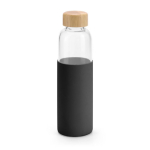 Glazen waterfles met bamboe dop en siliconen hoes 600ml kleur zwart