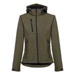 Dames softshell jassen met capuchon polyester 280 g/m2 THC Zagreb kleur miliair groen