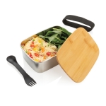 Stalen lunchbox bedrukken met houten deksel en bestek 900ml Bamboo kleur zilver tweede weergave