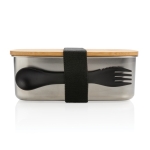 Stalen lunchbox bedrukken met houten deksel en bestek 900ml Bamboo kleur zilver vijfde weergave
