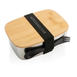 Stalen lunchbox bedrukken met houten deksel en bestek 900ml Bamboo kleur zilver weergave met logo