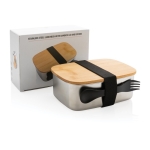 Stalen lunchbox bedrukken met houten deksel en bestek 900ml Bamboo kleur zilver weergave met doos