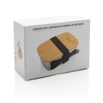 Stalen lunchbox bedrukken met houten deksel en bestek 900ml Bamboo kleur zilver tweede weergave met doos