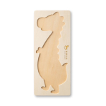 Houten puzzel in de vorm van een dinosaurus, gemaakt van dennenhout kleur naturel afbeelding met logo