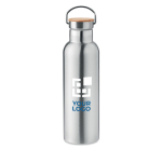 Stalen thermosfles met bamboe deksel en handvat 750ml kleur mat zilver weergave met bedrukking