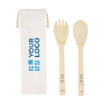 2 bamboe salade utensils met zak Bamboo met afdrukgebied