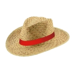 Brede hoed met logo van natuurlijk stro met vliesband Summertime kleur rood