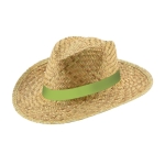 Brede hoed met logo van natuurlijk stro met vliesband Summertime kleur lichtgroen