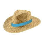 Brede hoed met logo van natuurlijk stro met vliesband Summertime kleur lichtblauw
