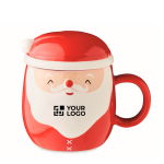 Kerstmok in de vorm van de kerstman met deksel 370ml Happy Santa kleur rood weergave met bedrukking