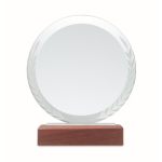 Ronde glazen trofee met houten voet Olympiad kleur hout