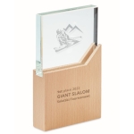 Glazen herdenkingsplaat of trofee op houten voet Commemorative kleur hout hoofdweergave