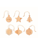 Set van 6 houten kerstversieringen met jutekoord Xmas Tree kleur hout weergave met bedrukking