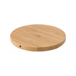 Ronde bamboe draadloze oplader met logo met kleine blauwe LED Natura kleur hout vierde weergave