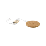 Ronde bamboe draadloze oplader met logo met kleine blauwe LED Natura kleur hout achtste weergave