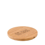 Ronde bamboe draadloze oplader met logo met kleine blauwe LED Natura kleur hout met jouw bedrukking