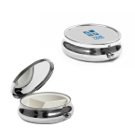 Ronde metalen pillendoos met drie delen en spiegeltje Mirror kleur zilver met afdrukgebied