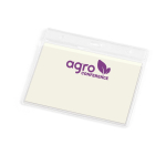 Badgehouder van plastic met gaatjes voor karabijnhaak 11x9 cm kleur doorzichtig afbeelding met logo