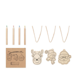 Set van 3 houten kerstversieringen en potloden kleur hout weergave met bedrukking