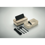 2-laags gerecyclede PP lunchbox met afscheider en bestek 2x400ml kleur beige