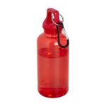 Transparante gerecyclede plastic fles met karabijnhaak 400ml kleur rood