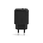 Wandlader van gerecycled kunststof met USB-A- en USB-C-poort 20 W kleur zwart achter weergave