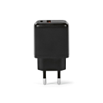Wandlader van gerecycled kunststof met USB-A- en USB-C-poort 20 W kleur zwart vooraanzicht
