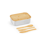 Lunchbox van gerecycled staal met bamboe deksel en bestek 490 ml kleur zilver vijfde weergave