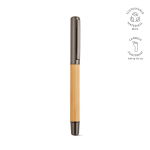 Bamboe pen met gerecycled roestvrij staal en blauwe inkt kleur glanzend zilver