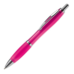 Transparante kunststof pen met metallic details en blauwe inkt kleur roze