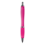 Transparante kunststof pen met metallic details en blauwe inkt kleur roze vierde weergave