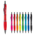 Transparante kunststof pen met metallic details en blauwe inkt