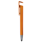 Plastic pen met stylus en telefoonhouder met blauwe inkt kleur oranje tweede weergave