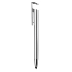 Plastic pen met stylus en telefoonhouder met blauwe inkt kleur zilver tweede weergave