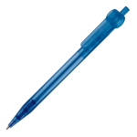 Transparante plastic pen met detail op de drukknop kleur doorzichtig blauw derde weergave