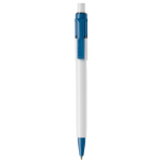 Witte pen met gekleurde details op de punt en clip gemaakt in de EU kleur lichtblauw