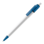 Witte pen met gekleurde details op de punt en clip gemaakt in de EU kleur lichtblauw tweede weergave