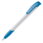 Witte plastic pen met gekleurde gebogen clip gemaakt in de EU kleur wit/blauw derde weergave
