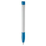 Witte plastic pen met gekleurde gebogen clip gemaakt in de EU kleur wit/blauw vierde weergave