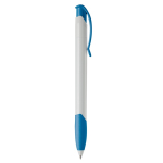 Witte plastic pen met gekleurde gebogen clip gemaakt in de EU kleur wit/blauw vijfde weergave