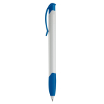 Witte plastic pen met gekleurde gebogen clip gemaakt in de EU kleur koningsblauw